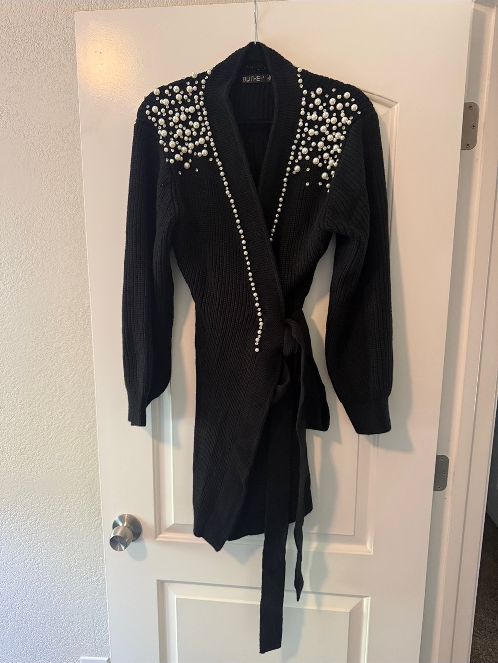 Blithe Wrap Cardigan with Pearl Shoulder Detail - Black